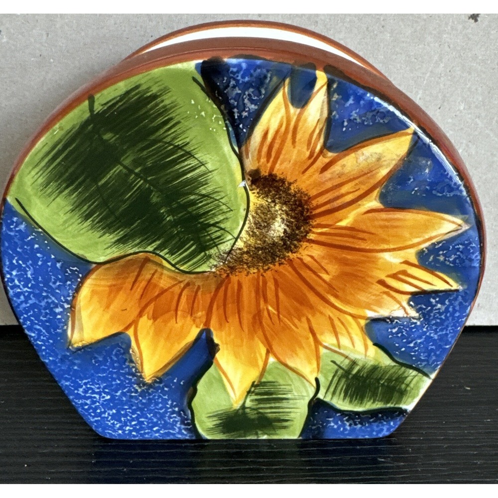 Hand Painted Blue Sky & Sunflower Ceramic Napkin Holder Bright & Colorful